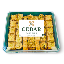 Load image into Gallery viewer, cedar pastries 34 piece baklava assortment comes in a durable air tight container
