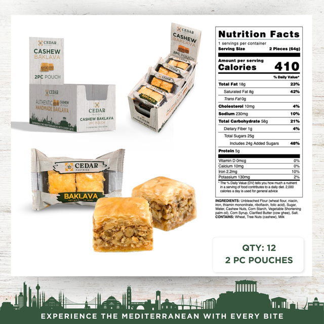 Cedar Pastries 2-Pack Cashew Baklava Squares (Case of 12)